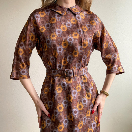 1950s Brown and Blue Abstract Pattern Dress (S/M)