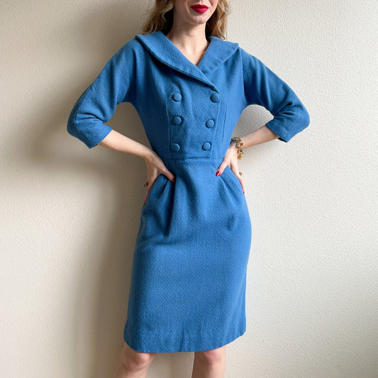 1950s Double Breasted Blue Wool Dress (S/M)