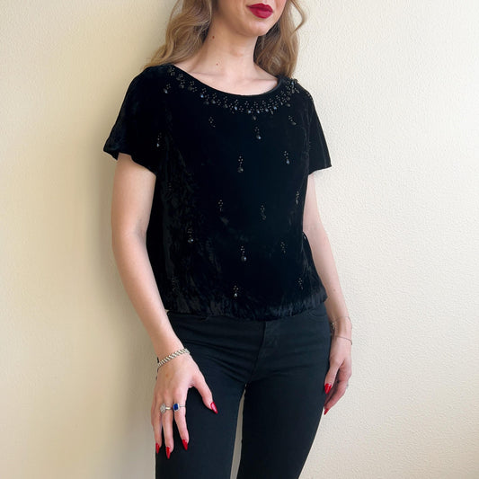 1960s Black Beaded Velvet Top (S/M)