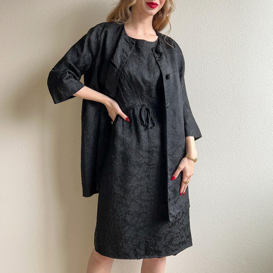 1960s Black Floral Sheath Dress With Matching Coat (S/M)