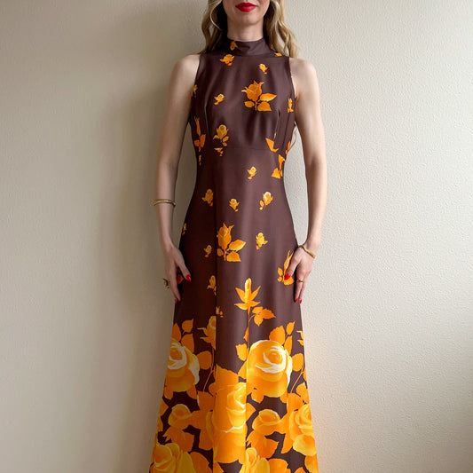 1970s Brown and Orange Roses Maxi Dress (M)