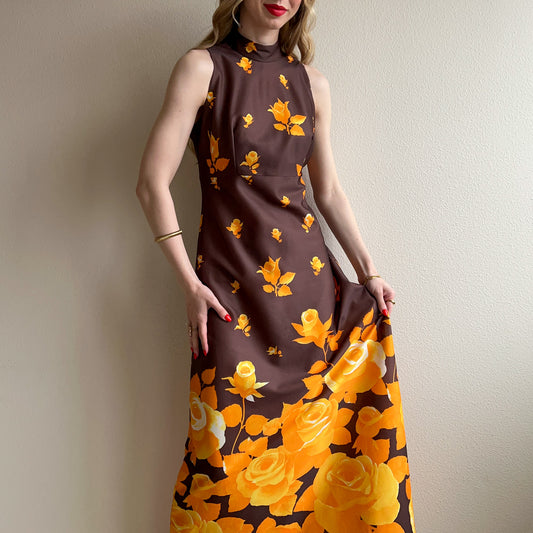 1970s Brown and Orange Roses Maxi Dress (M)