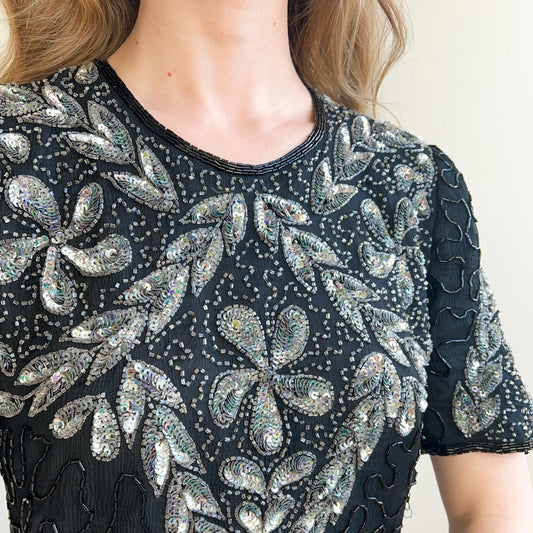 1980s Black Beaded Blouse With Silver Sequins (S/M)