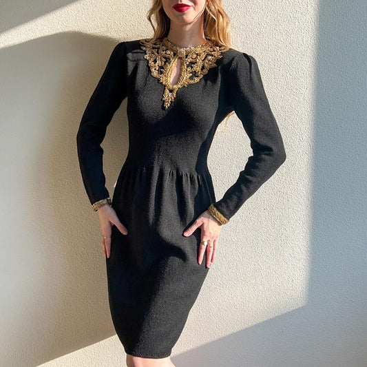 1980s Black Knit Dress With Gold Embellishments (M/L)