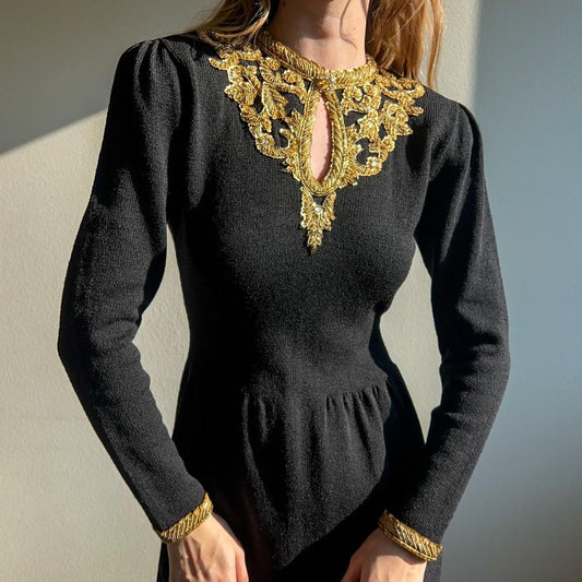 1980s Black Knit Dress With Gold Embellishments (M/L)