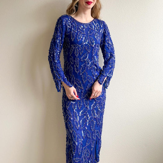 Fabulous 1980s Cobalt Blue Sequined Gown (S/M)
