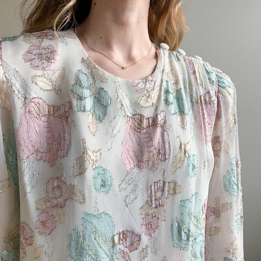 1980s Metallic Pink and Blue Floral Blouse (M/L)