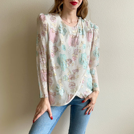 1980s Metallic Pink and Blue Floral Blouse (M/L)