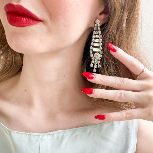 1980s Rhinestone Teardrop Clip-On Earrings