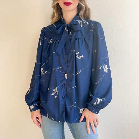 1990s Blue Abstract Print Blouse (L/XL)