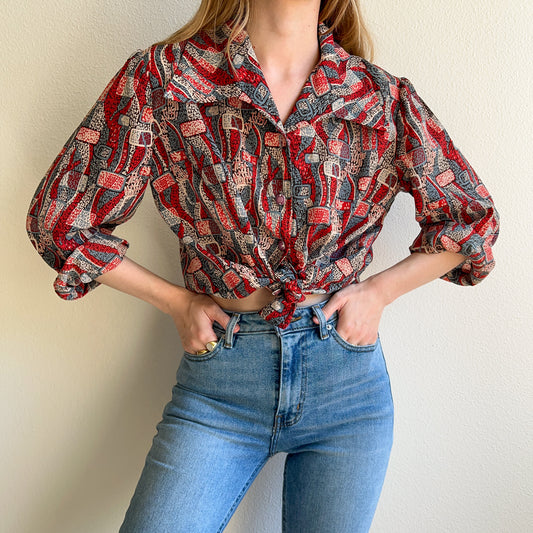 1970s Red Abstract Novelty Print Top (M/L)