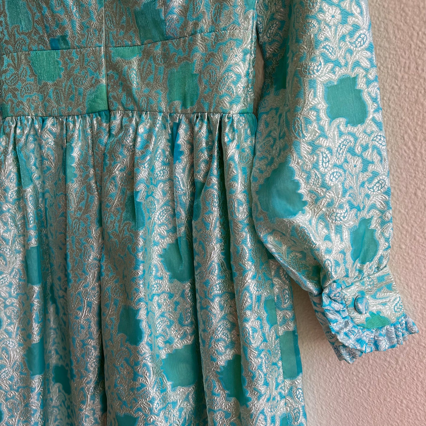 1970s Turquoise Maxi Dress With Silver Paisley Pattern (XS)