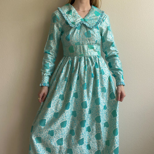 1970s Turquoise Maxi Dress With Silver Paisley Pattern (XS)