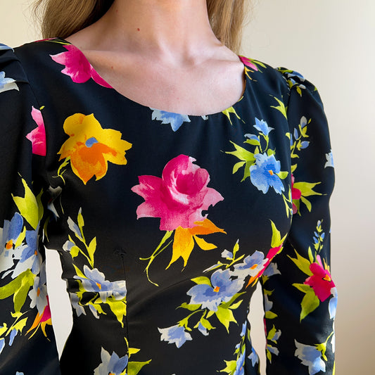 1990s Bright Floral Print Midi Dress (XS/S)