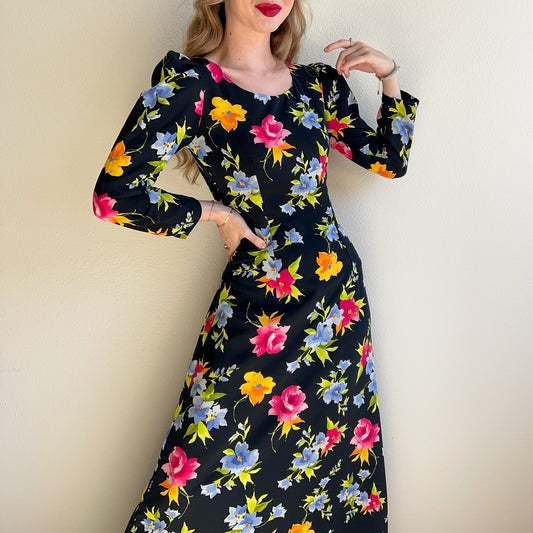1990s Bright Floral Print Midi Dress (XS/S)