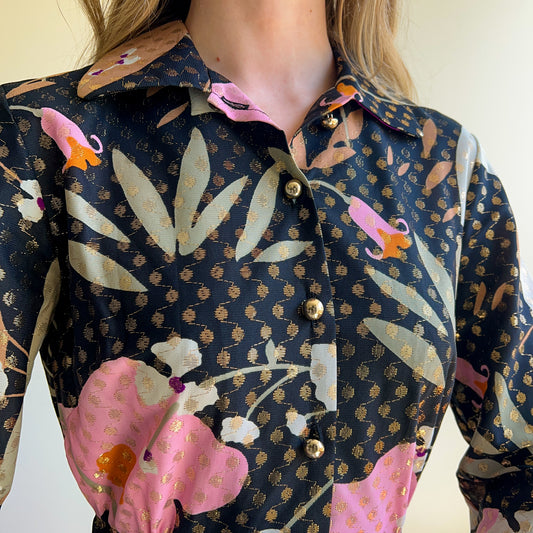 Gorgeous 1970s Floral Print Dress With Gold Accents (XS/S)
