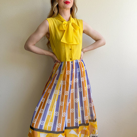 1970s Yellow Cotton Novelty Print Maxi Dress (S/M)