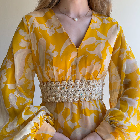 Fabulous 1970s Yellow Paisley Print Midi Dress (S/M)
