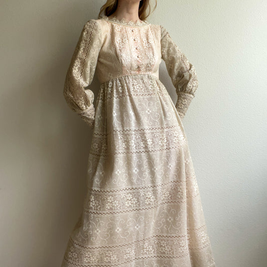 1970s Emma Domb Cream Lace Midi Dress (XS)