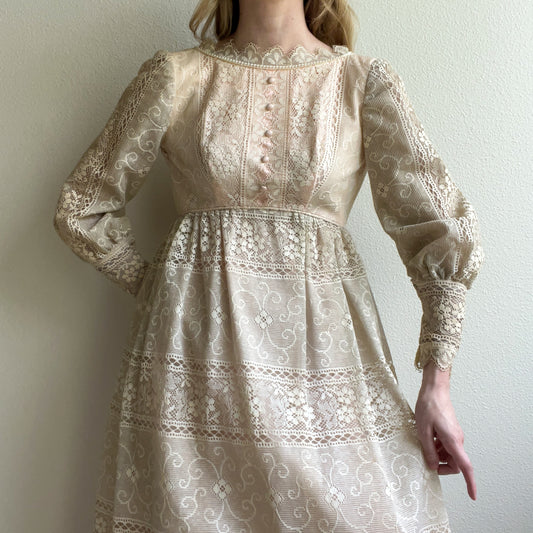 1970s Emma Domb Cream Lace Midi Dress (XS)