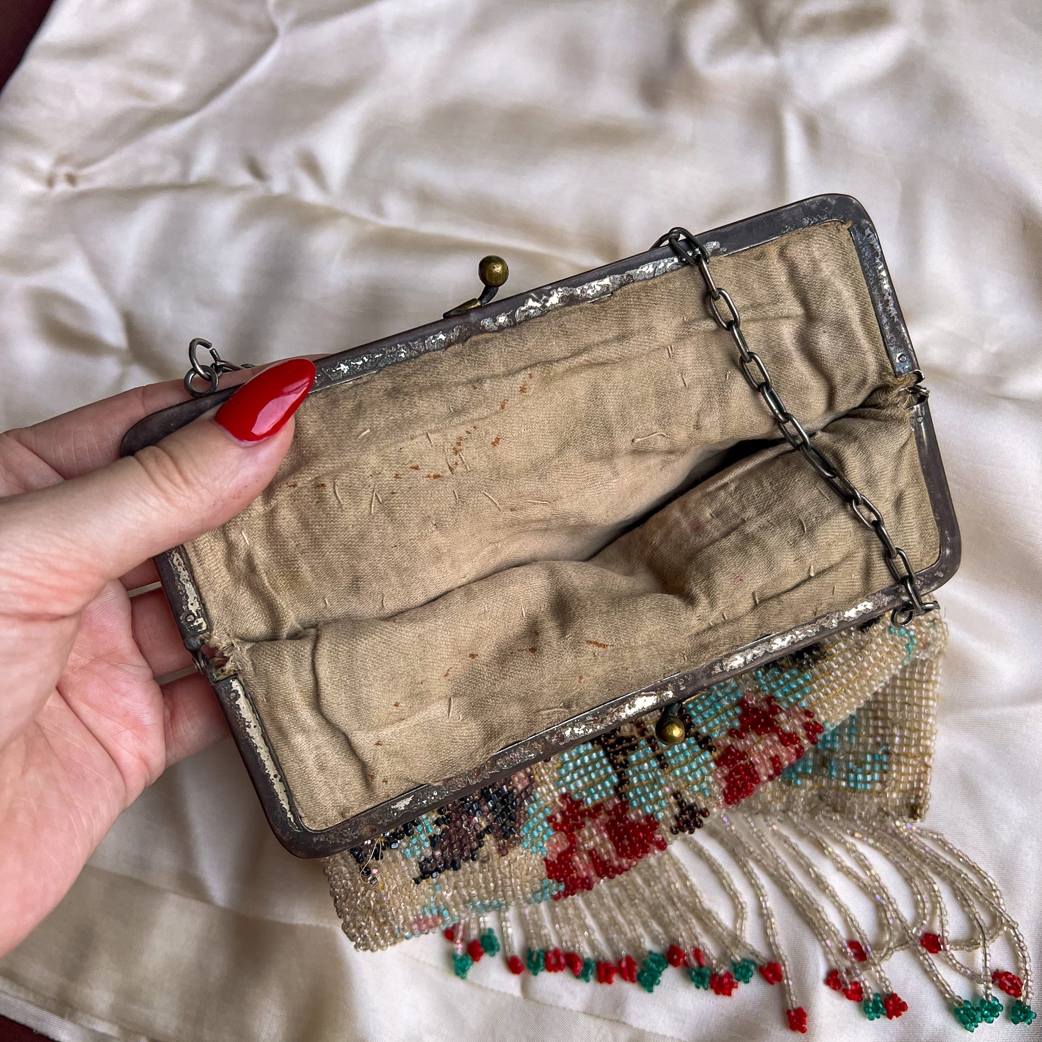 Vintage Victorian Antique Beaded Purse For shops Restoration Black Red Roses Fringe SE