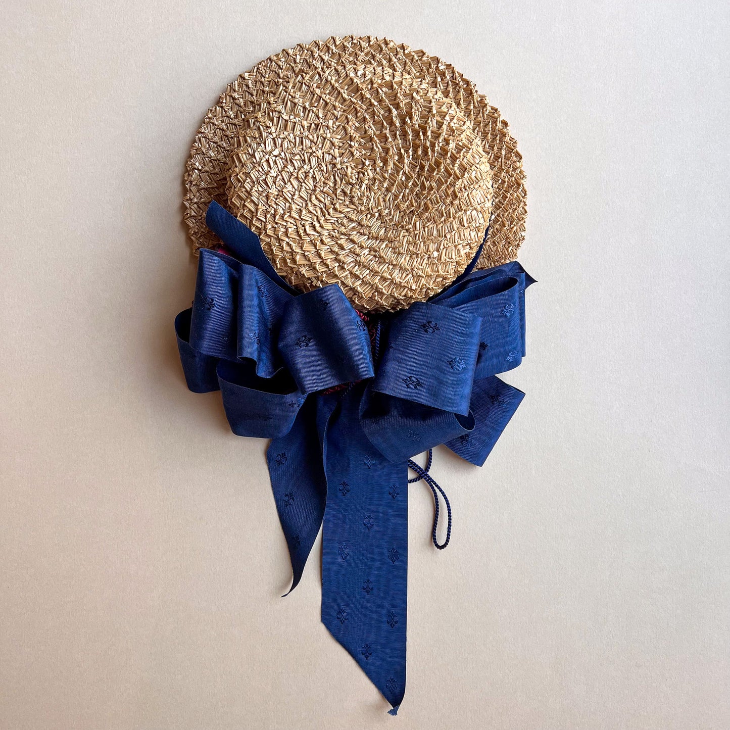 1920s Straw Boater Hat With Dramatic Blue Ribbon (XS)