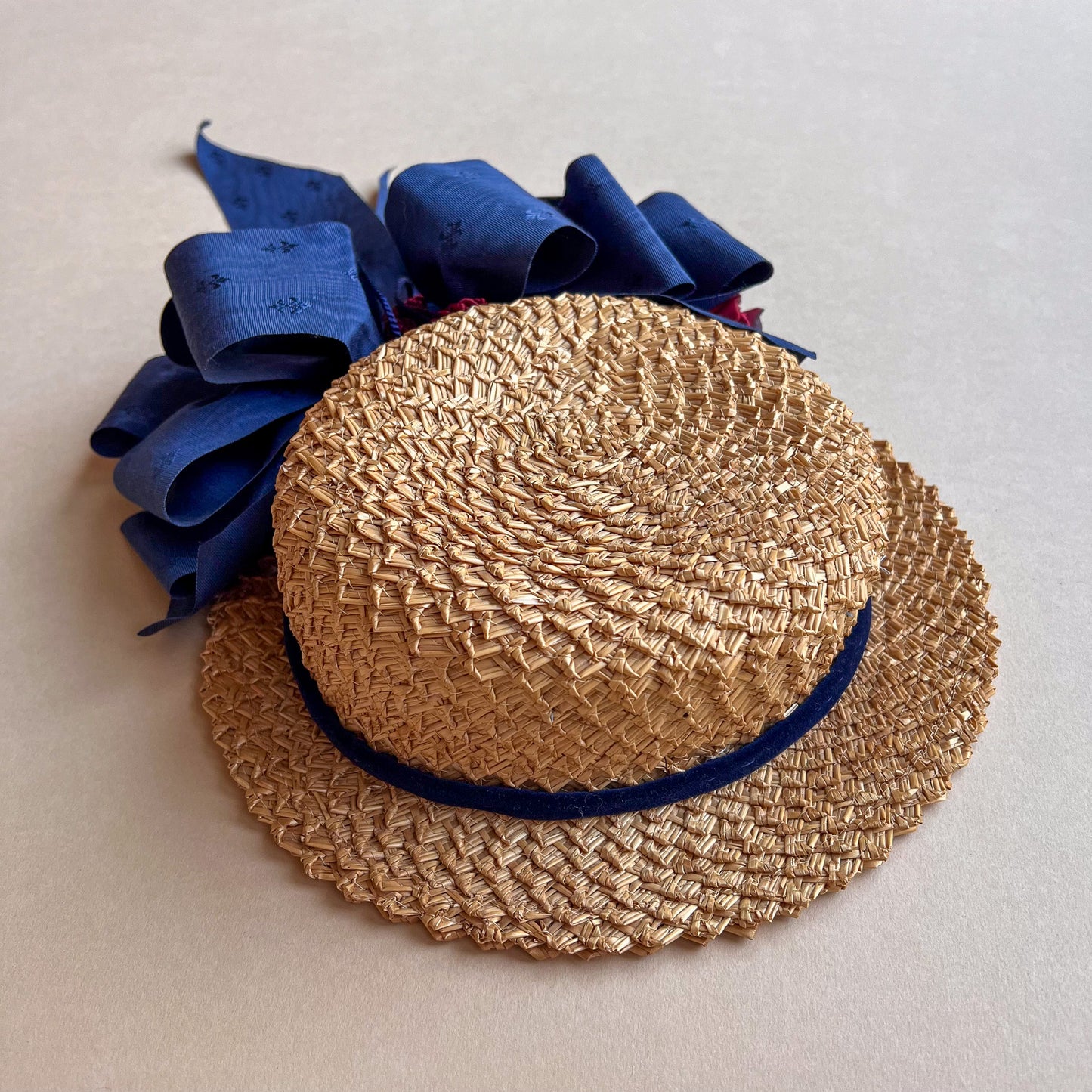 1920s Straw Boater Hat With Dramatic Blue Ribbon (XS)