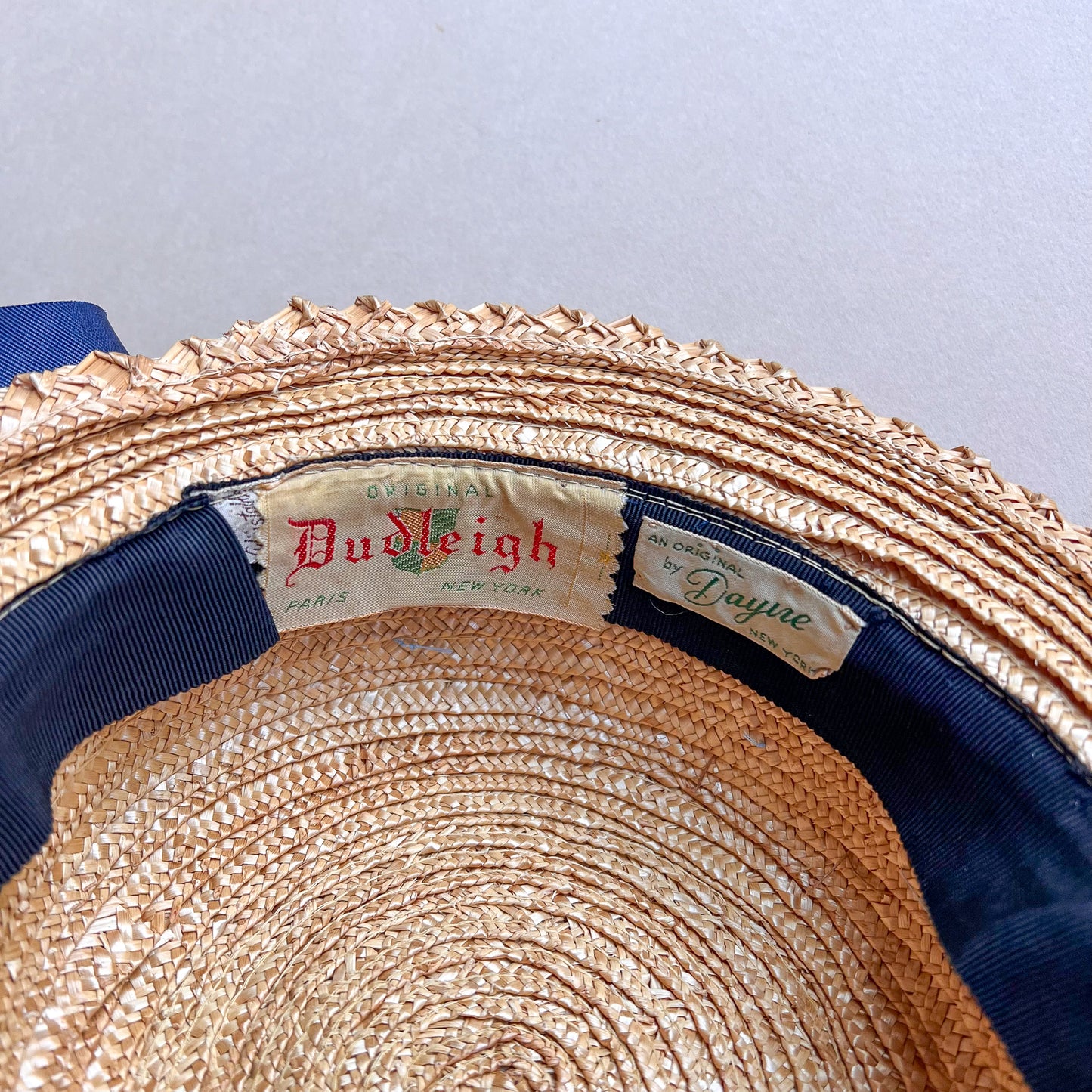 1920s Straw Boater Hat With Dramatic Blue Ribbon (XS)