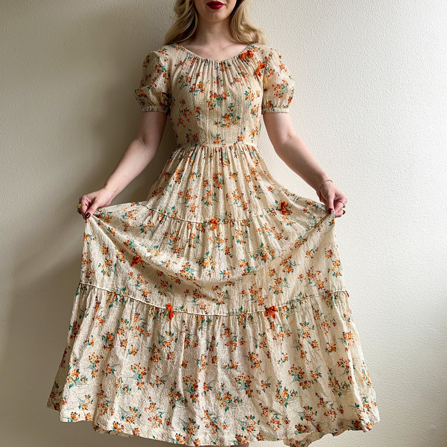 Stunning 1930s Orange Floral Gown With Velvet Bows (XS/S)