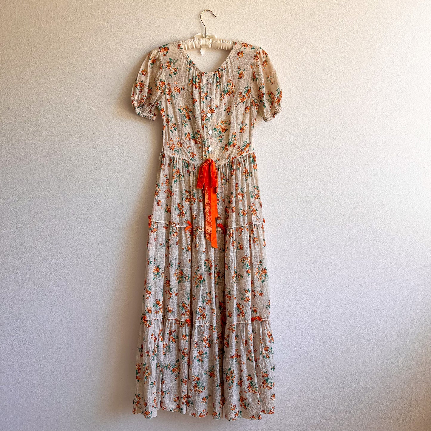 Stunning 1930s Orange Floral Gown With Velvet Bows (XS/S)