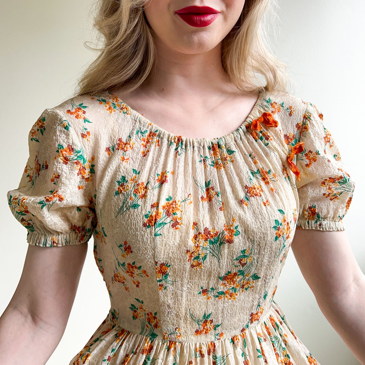 Stunning 1930s Orange Floral Gown With Velvet Bows (XS/S)