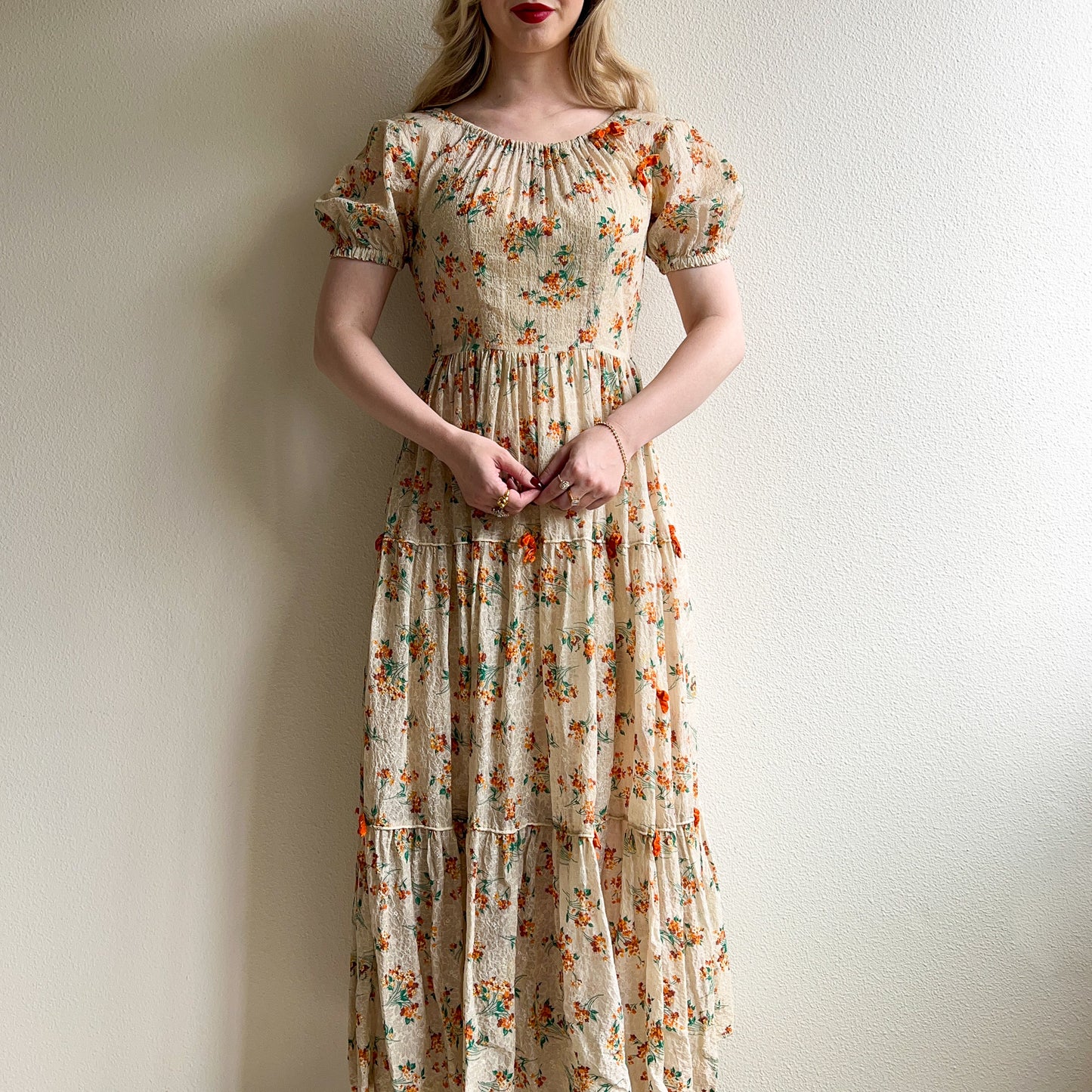 Stunning 1930s Orange Floral Gown With Velvet Bows (XS/S)