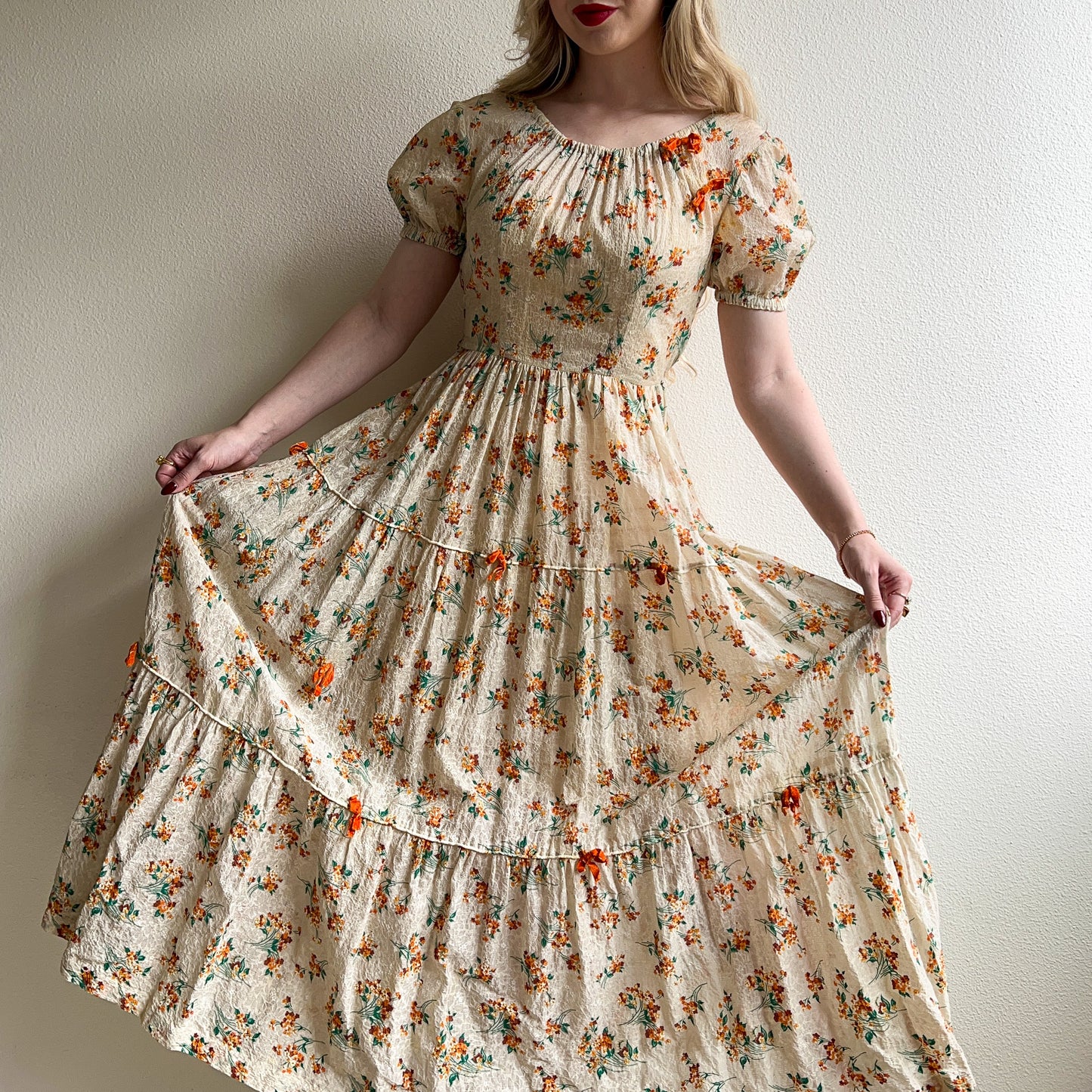 Stunning 1930s Orange Floral Gown With Velvet Bows (XS/S)