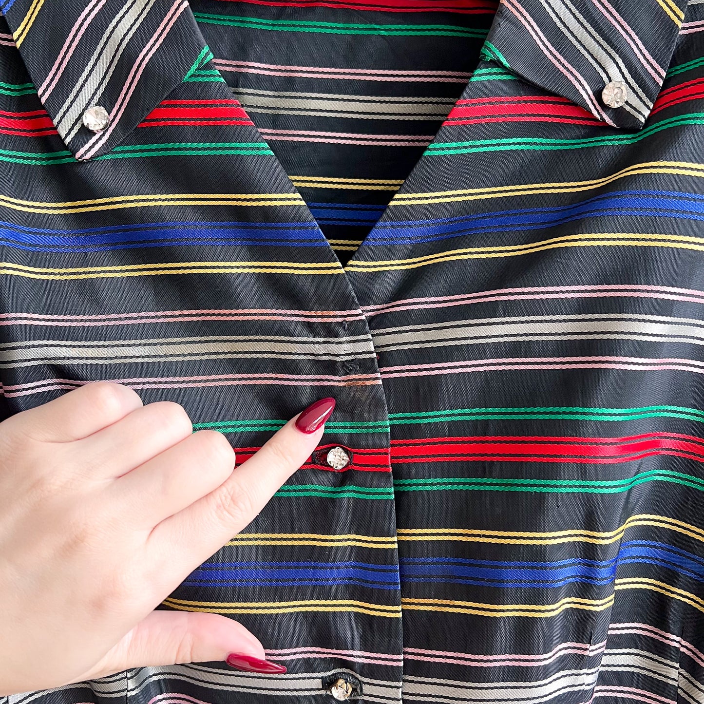 Gorgeous 1940s Striped Silk Dress With Rhinestone Buttons (M/L)