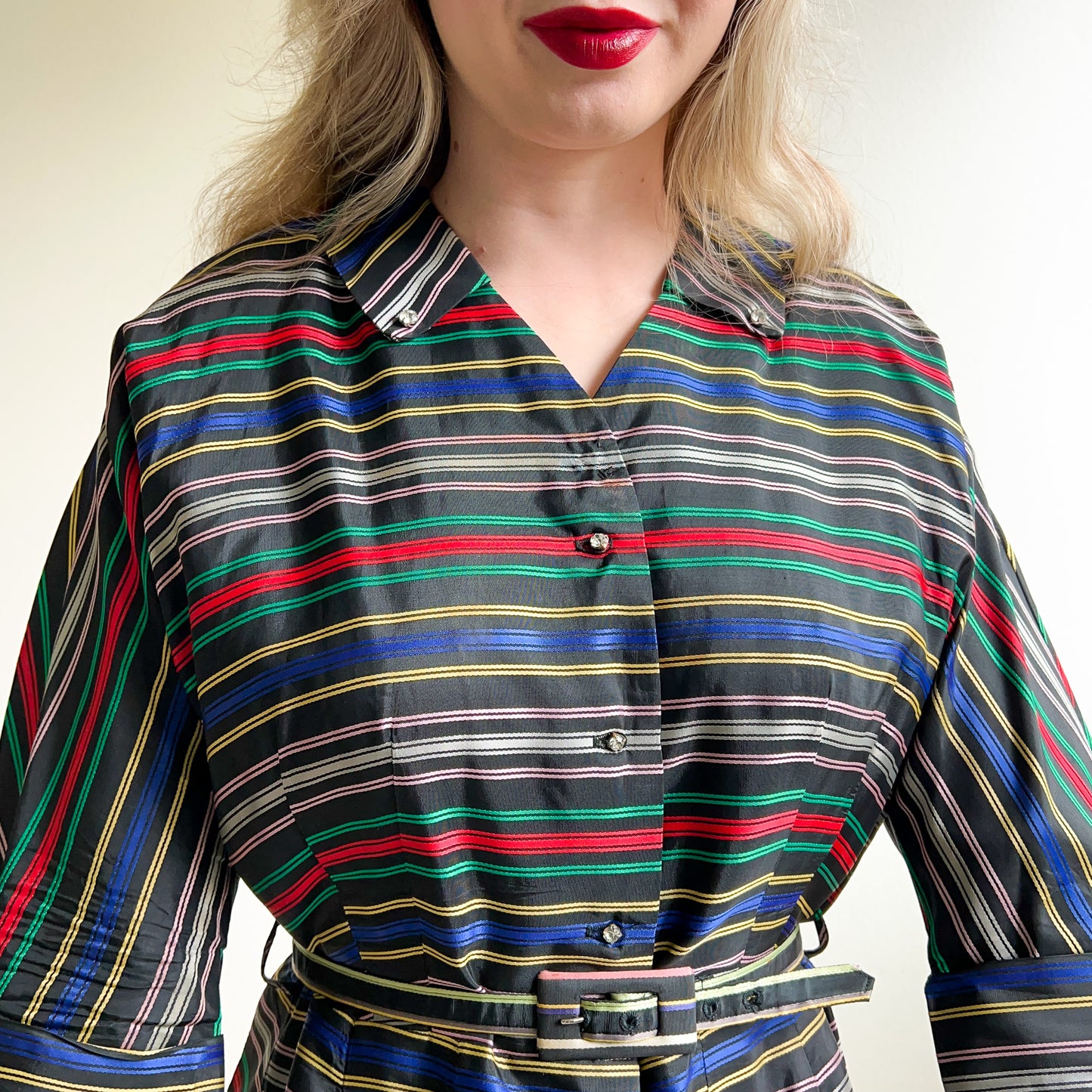 Gorgeous 1940s Striped Silk Dress With Rhinestone Buttons (M/L)