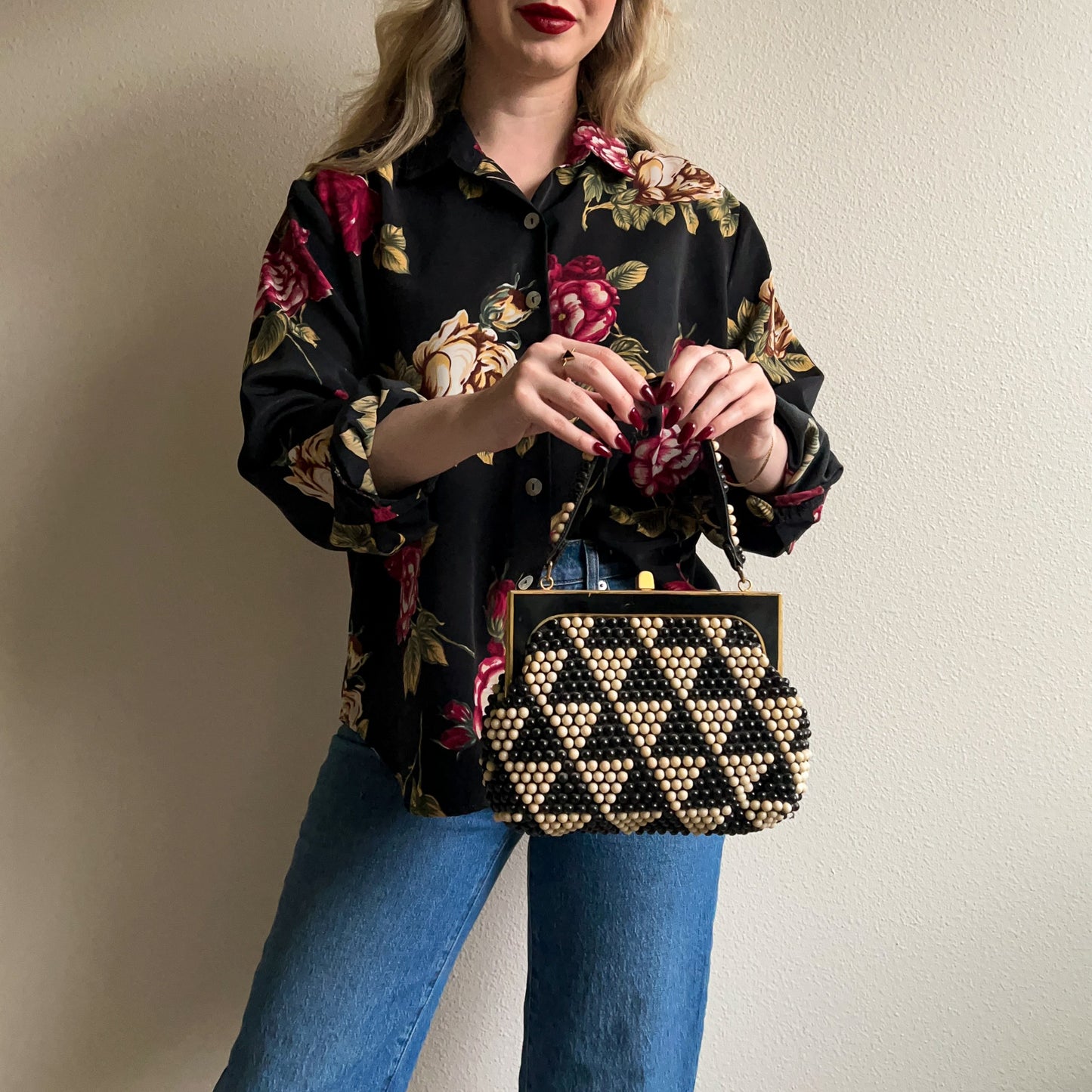 1940s Black and White Triangle Pattern Handbag