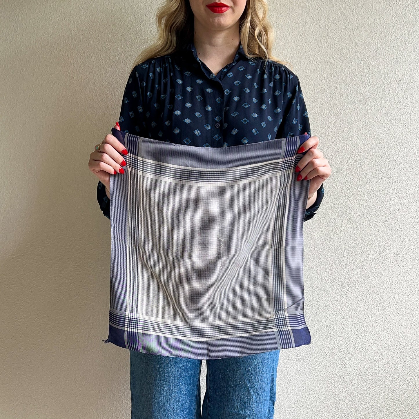 1940s Blue Plaid Silk Handkerchief