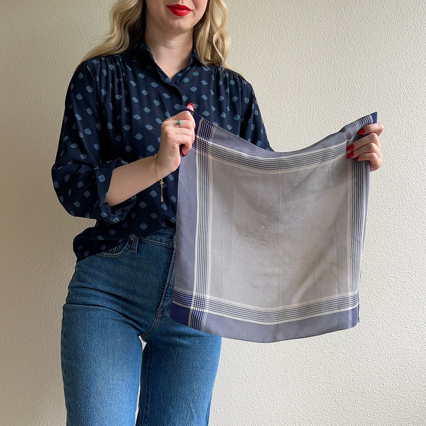 1940s Blue Plaid Silk Handkerchief