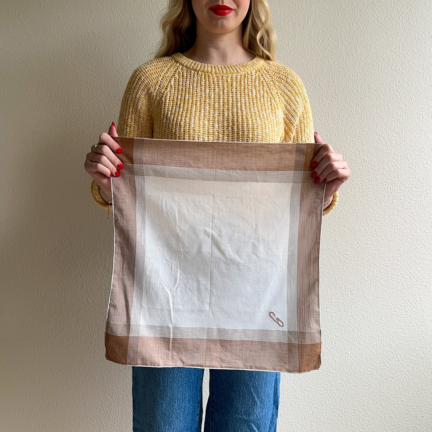 1940s Brown Plaid Handkerchief With "G" Embroidery