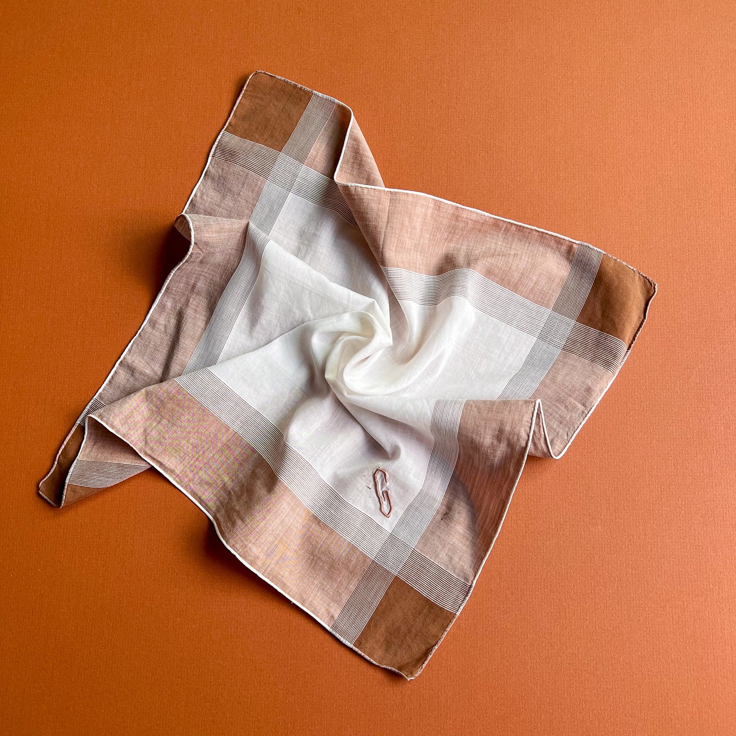 1940s Brown Plaid Handkerchief With "G" Embroidery