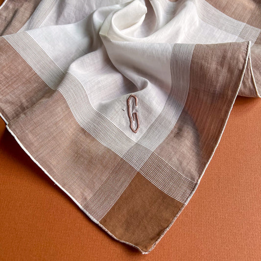 1940s Brown Plaid Handkerchief With "G" Embroidery