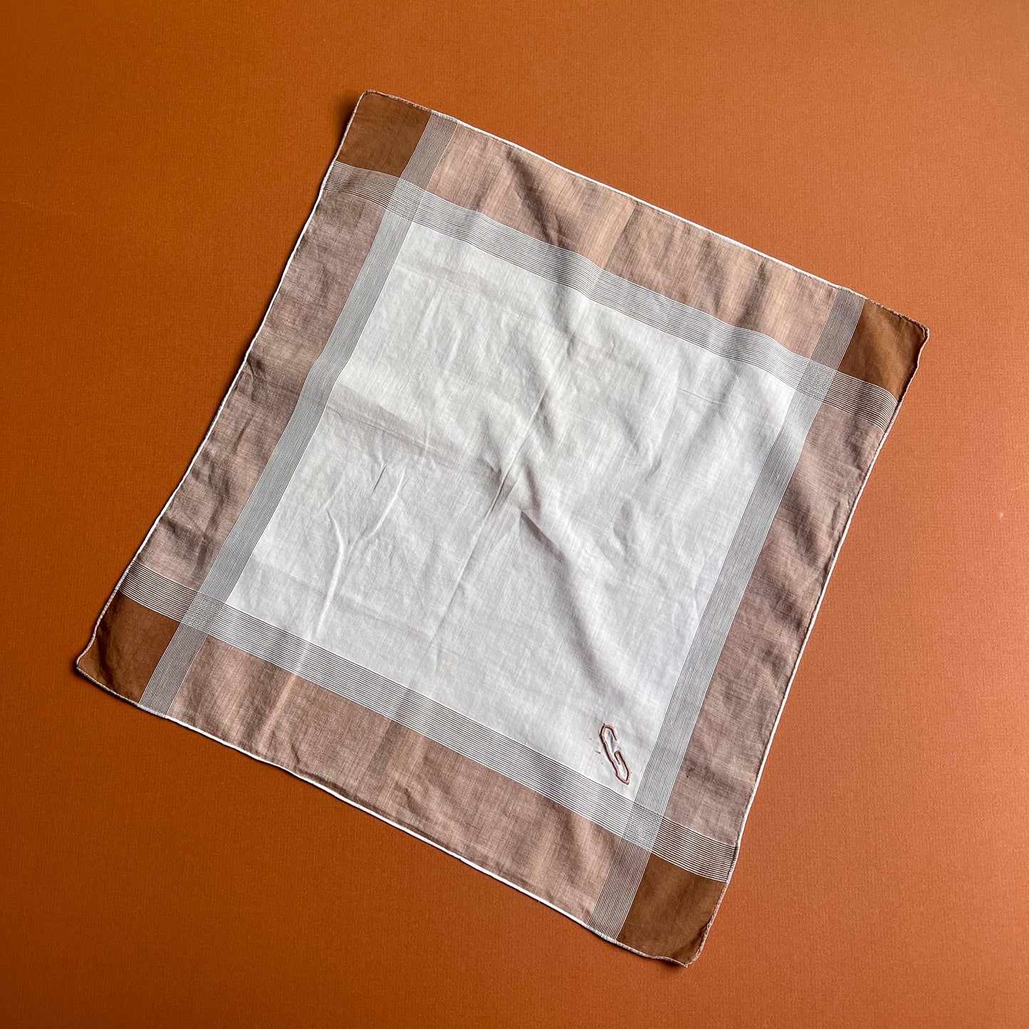 1940s Brown Plaid Handkerchief With "G" Embroidery
