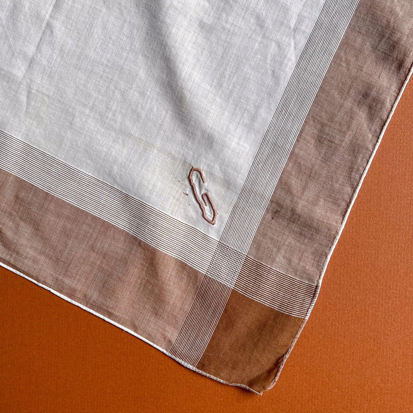 1940s Brown Plaid Handkerchief With "G" Embroidery