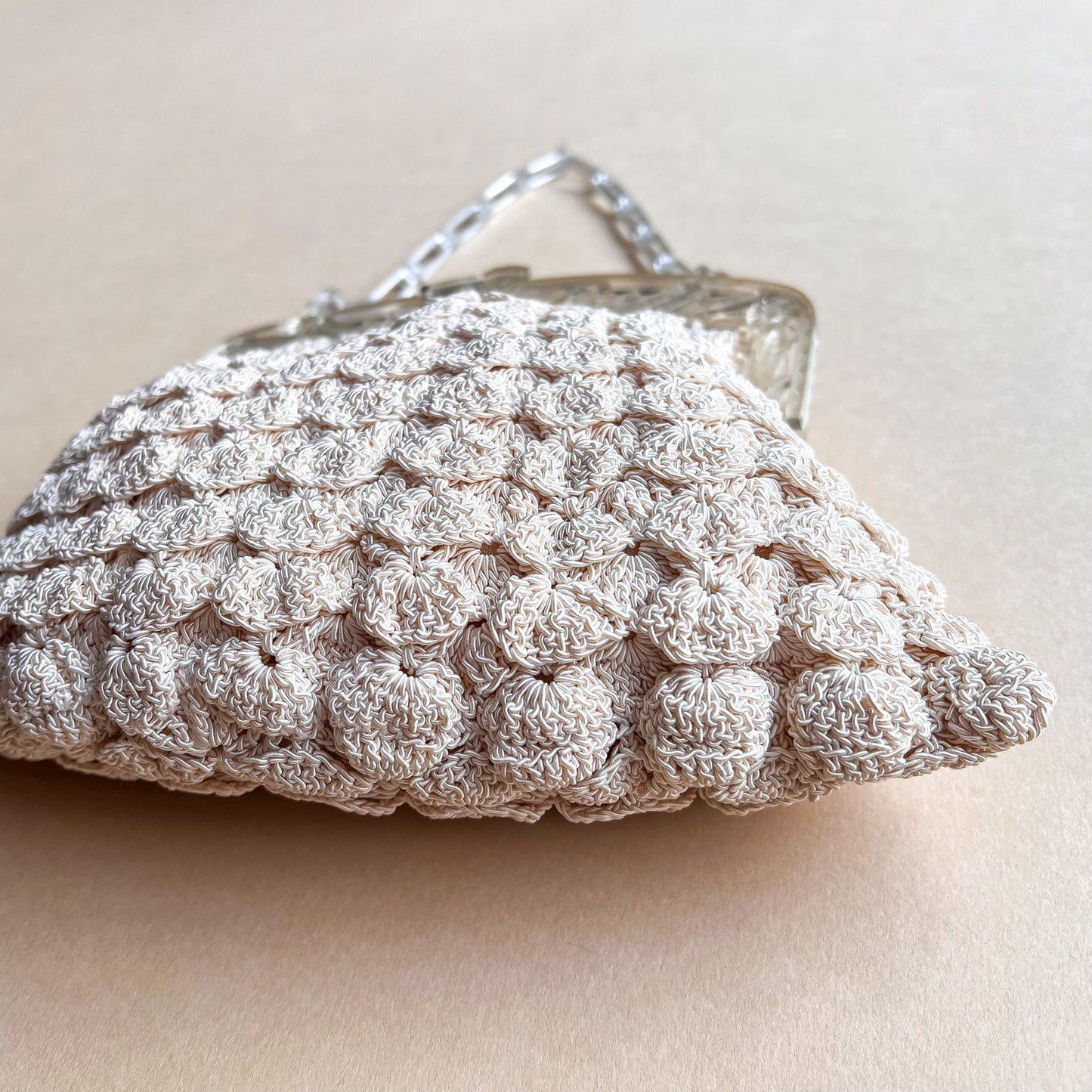 1940s Cream Crochet Handbag With Lucite Handle