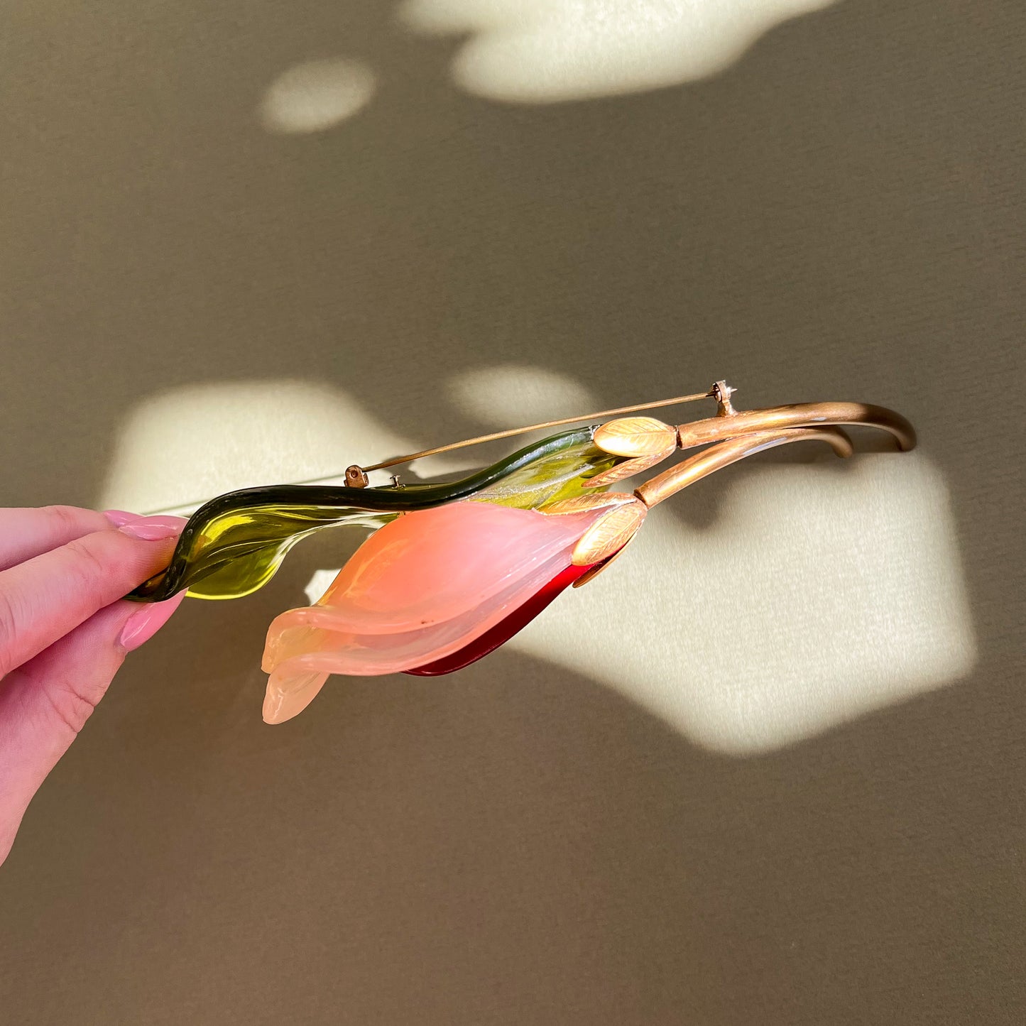 Large 1940s Pink Calla Lily Lucite Brooch