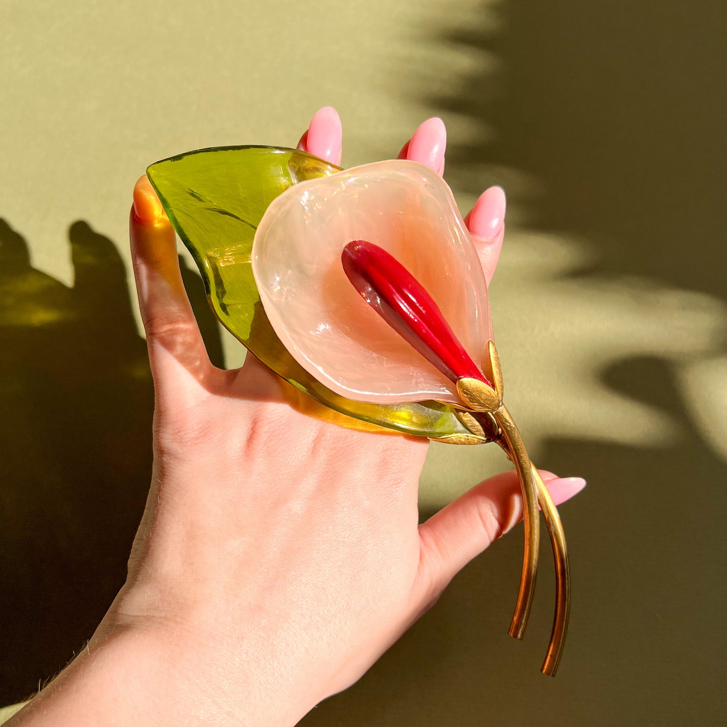 Large 1940s Pink Calla Lily Lucite Brooch