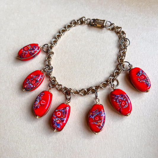 1940s Painted Red Glass Charm Bracelet