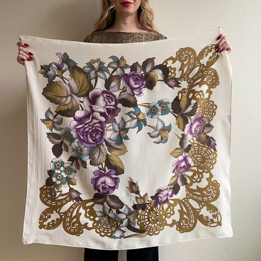 Ornate 1980s Purple Roses Printed Silk Scarf