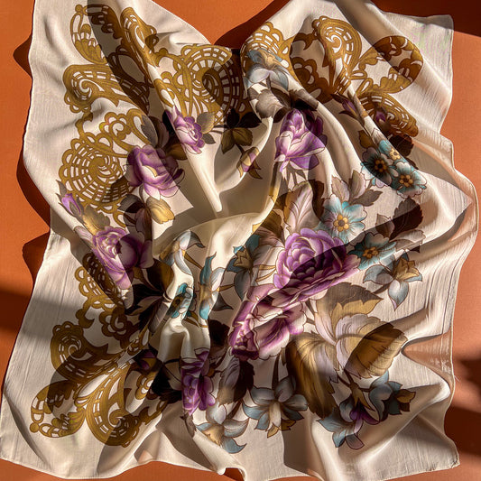 Ornate 1980s Purple Roses Printed Silk Scarf