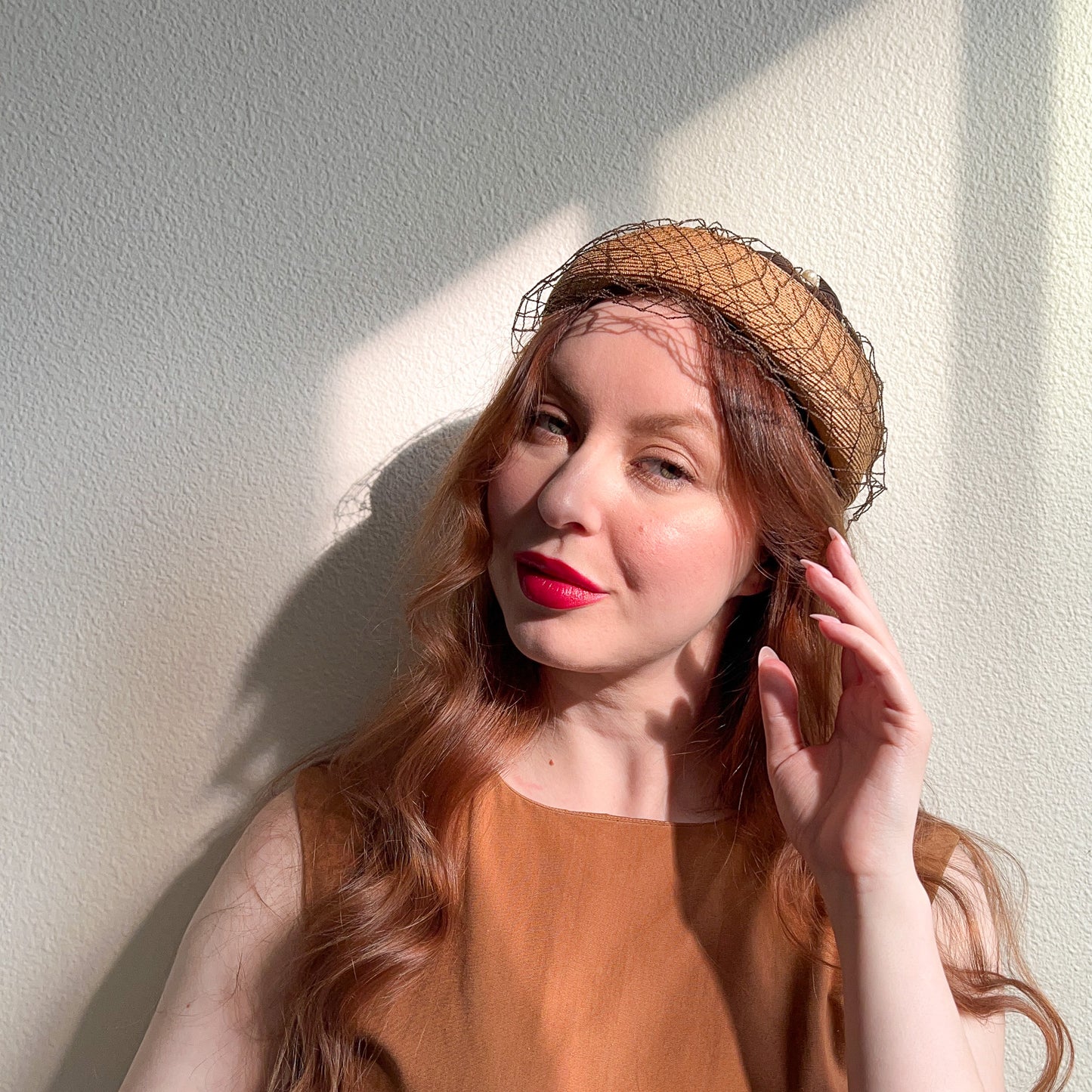 1940s Straw Hat With Rhinestones and Brown Netting
